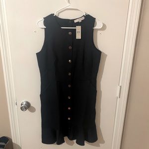 Loft Navy Gilded Button Pocket Flounce Dress